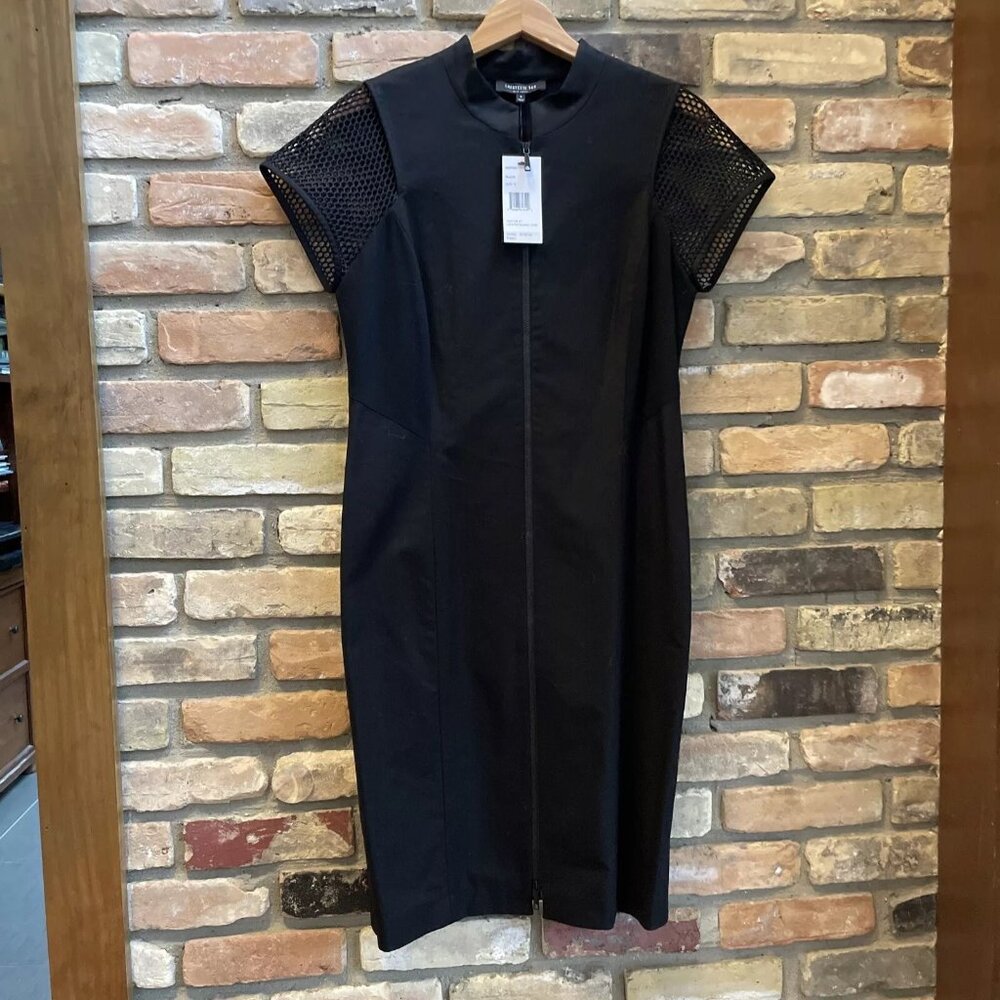 lafayette 148 Fitted Black Cotton Sheath dress Mesh Short Sleeves NWT 8